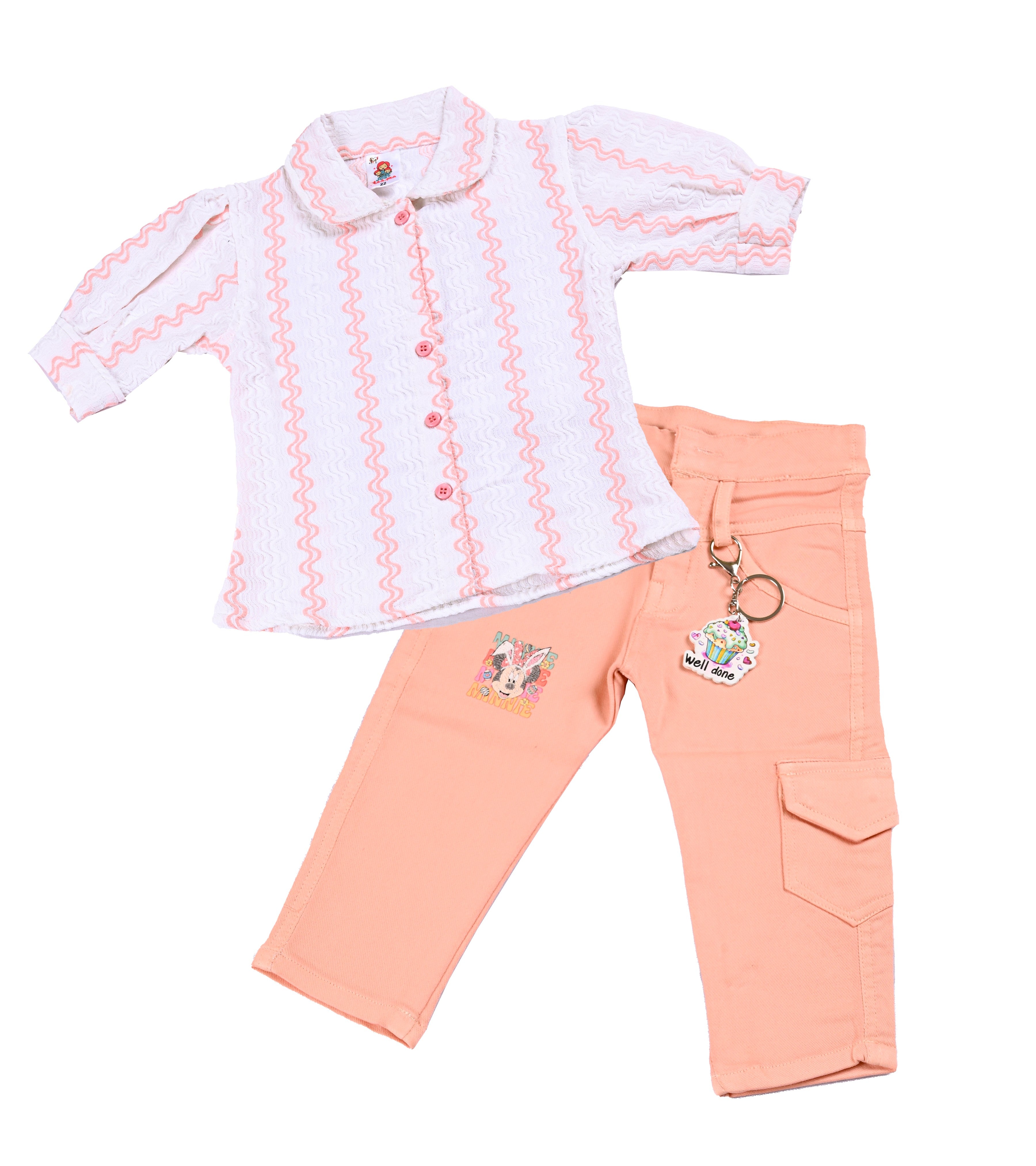 Baby Girls Casual Top & Cargo Capri Set - Puff Sleeve Collared Shirt & Cotton Blend Denim Pants with Pocket - Cute Embroidery